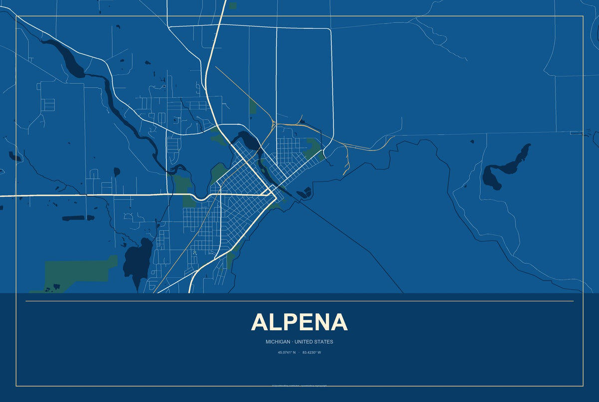 Alpena, Michigan City Map Aluminum Sign in Harbor Cobalt style