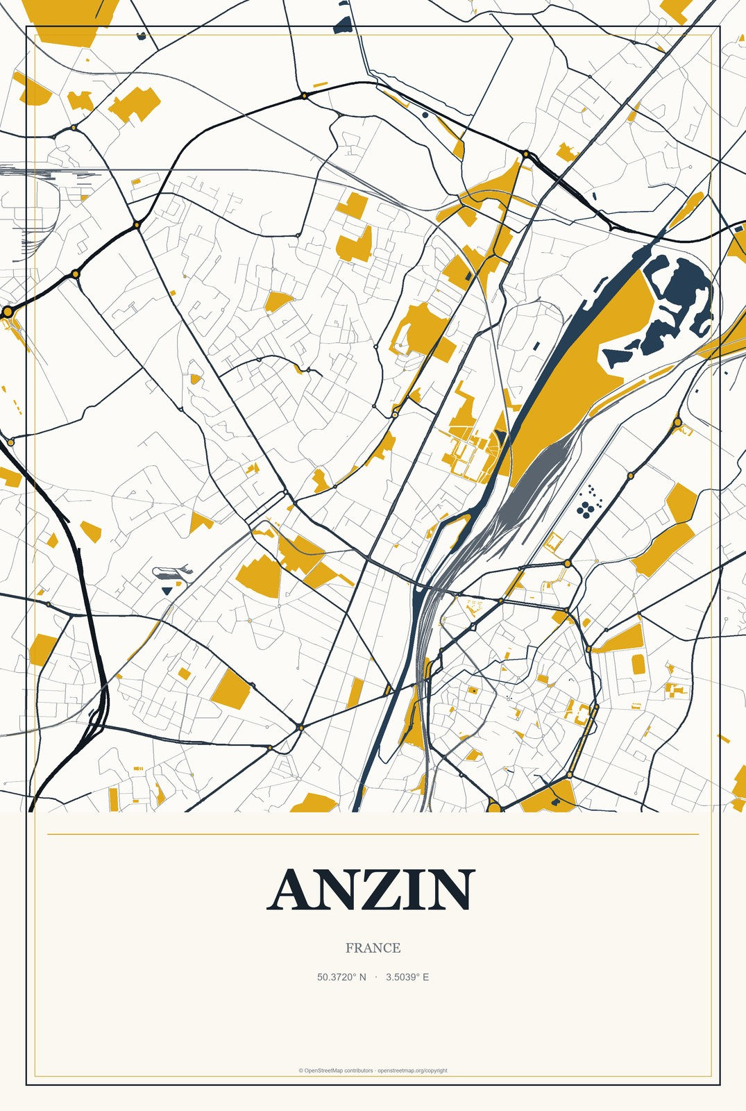 Anzin, France City Map Aluminum Sign in Citrine Modern style