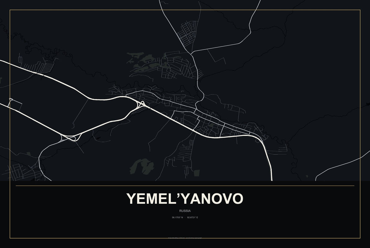 Yemel’yanovo, Russia City Map Aluminum Sign in Metropolitan Noir style