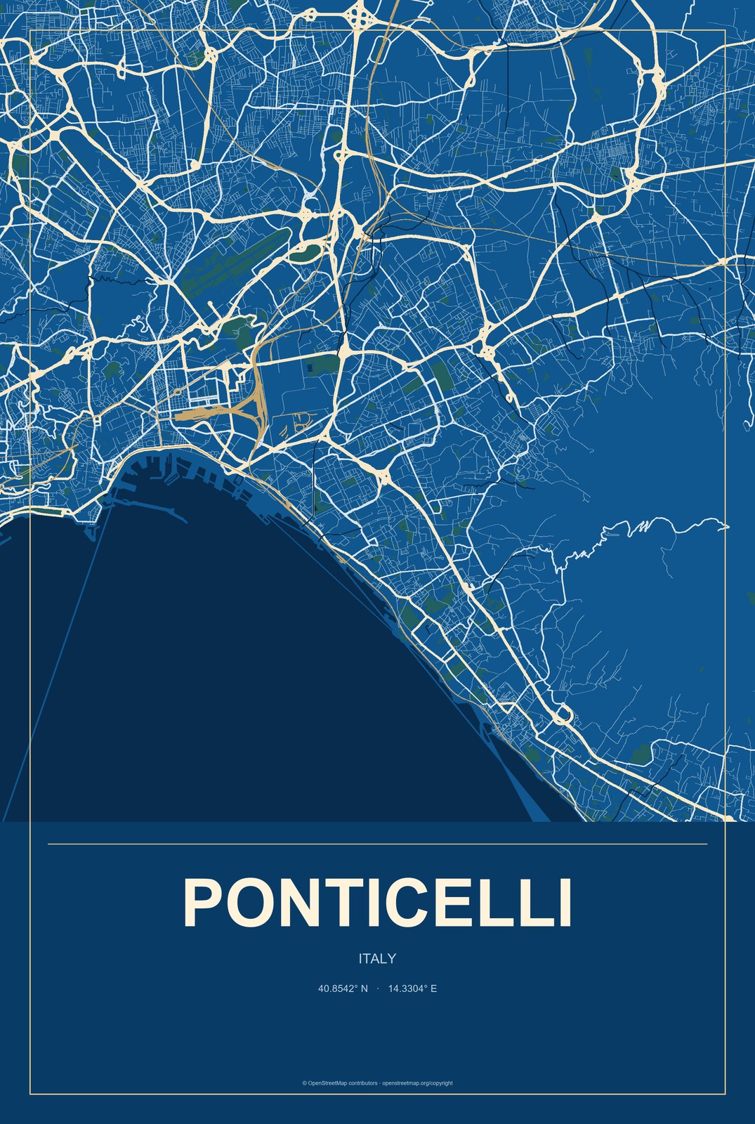 Ponticelli, Italy City Map Aluminum Sign in Harbor Cobalt style