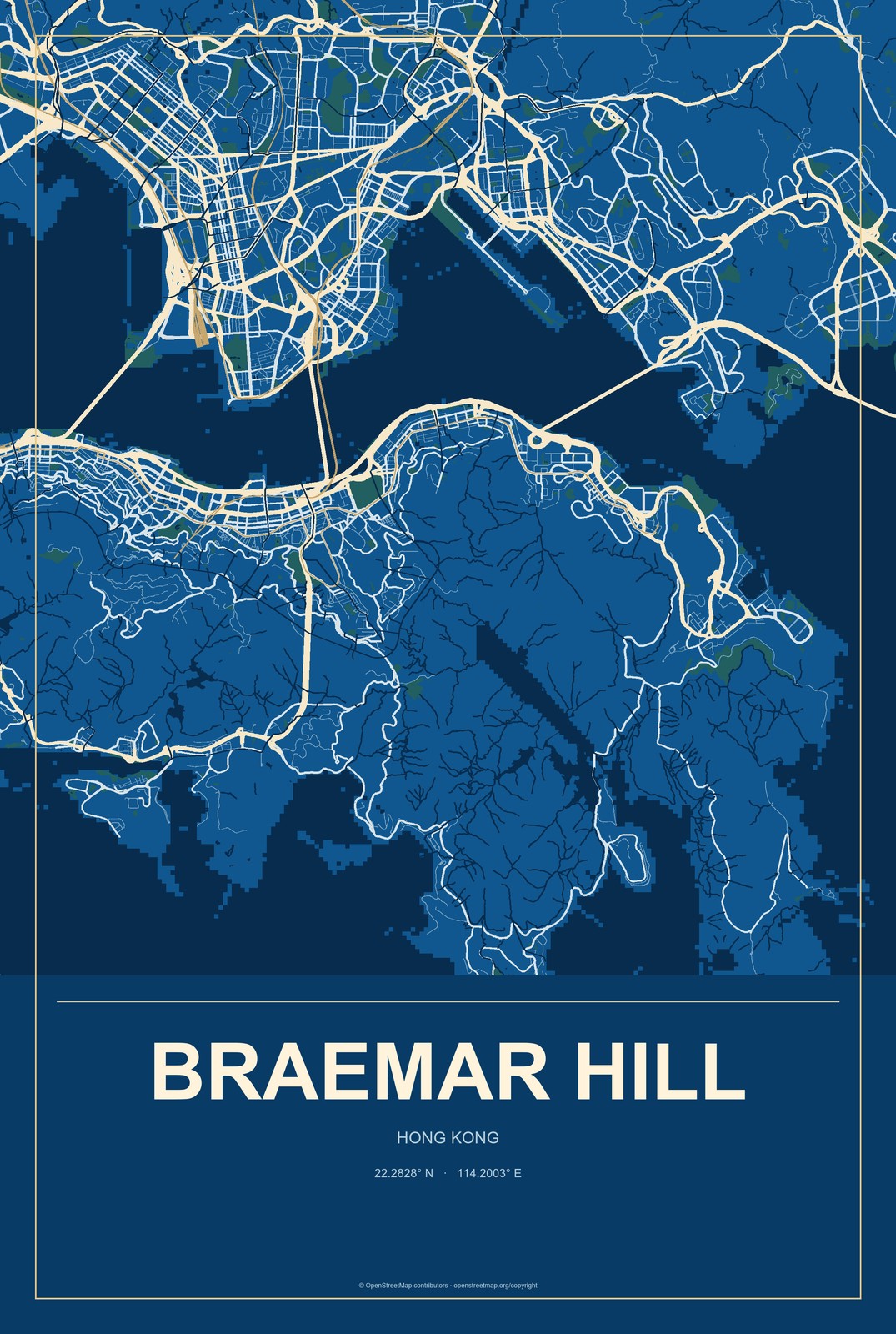Braemar Hill, Hong Kong City Map Aluminum Sign in Harbor Cobalt style