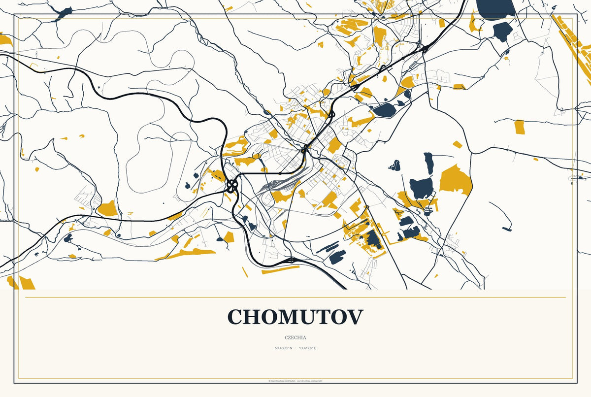 Chomutov, Czechia City Map Aluminum Sign in Citrine Modern style