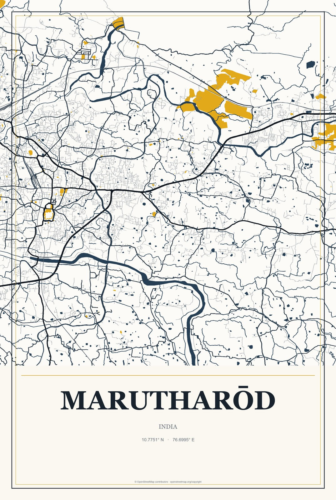 Marutharōd, India City Map Aluminum Sign in Citrine Modern style