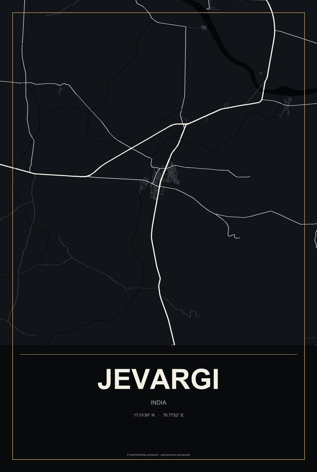 Jevargi, India City Map Aluminum Sign in Metropolitan Noir style