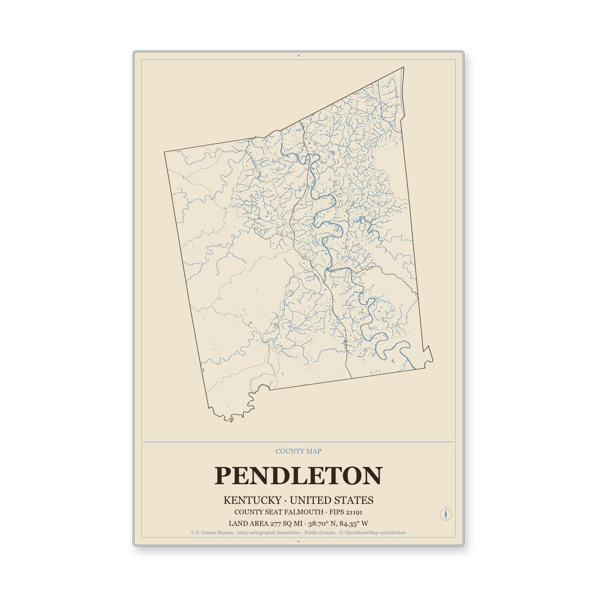 Pendleton County, Kentucky Map Aluminum Sign in Heritage Nautical style