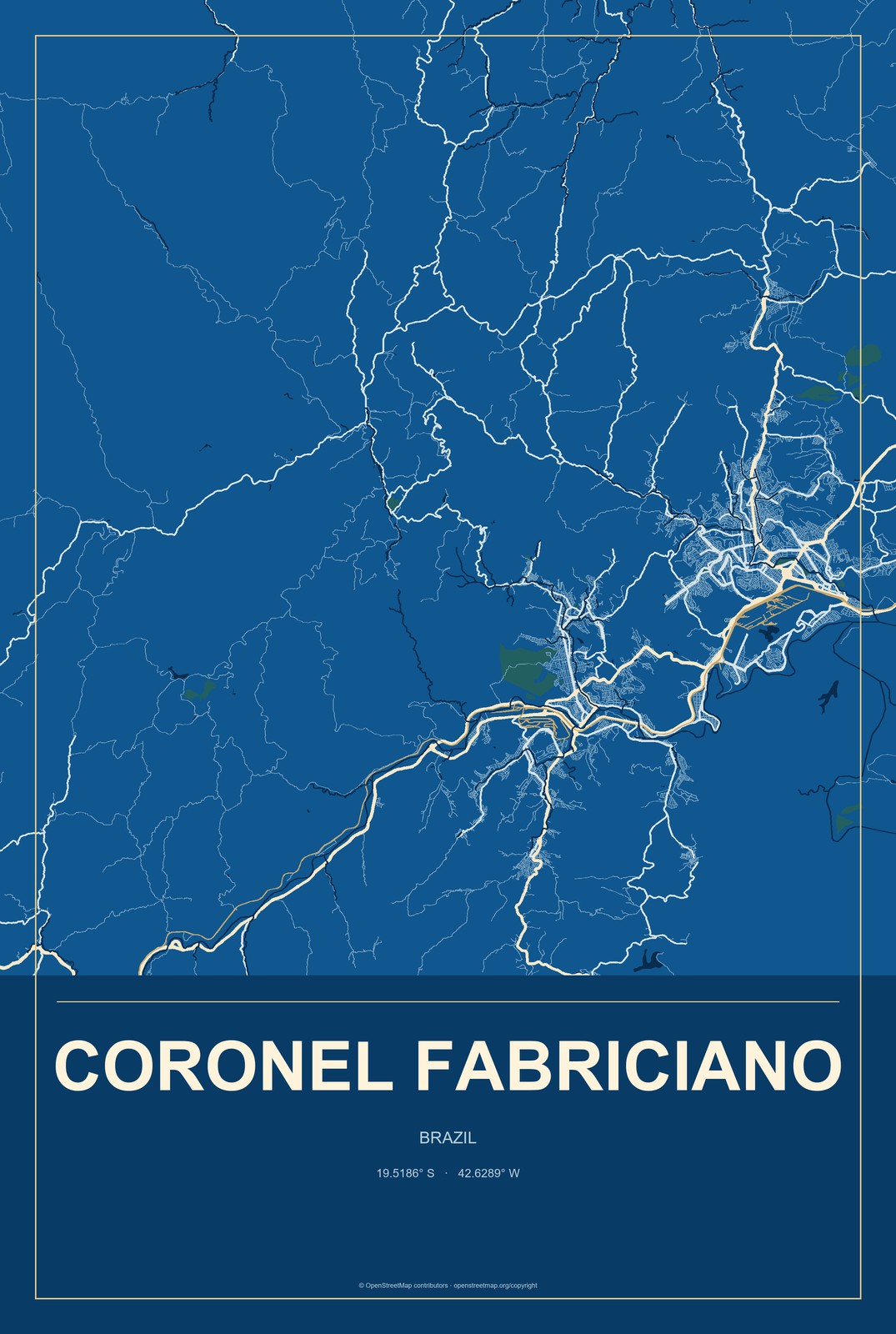 Coronel Fabriciano, Brazil City Map Aluminum Sign in Harbor Cobalt style