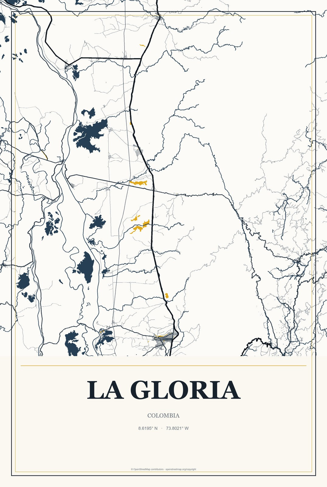 La Gloria, Colombia City Map Aluminum Sign in Citrine Modern style