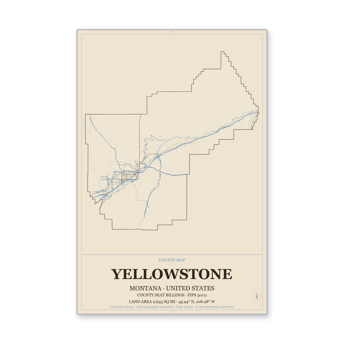 Yellowstone County, Montana Map Aluminum Sign in Heritage Nautical style