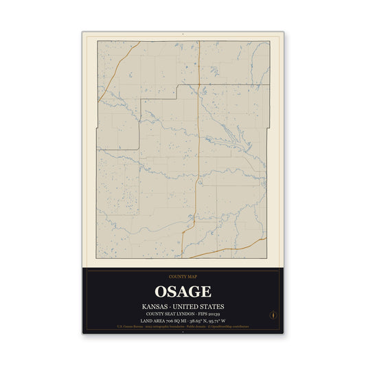 Osage County, Kansas Map Aluminum Sign in Museum Plaque style
