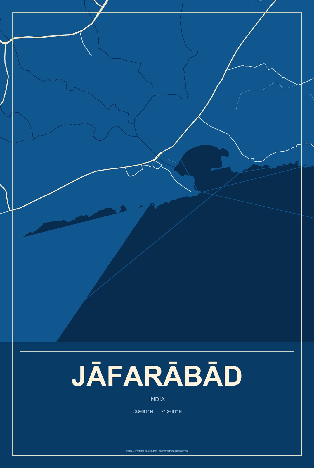 Jāfarābād, India City Map Aluminum Sign in Harbor Cobalt style