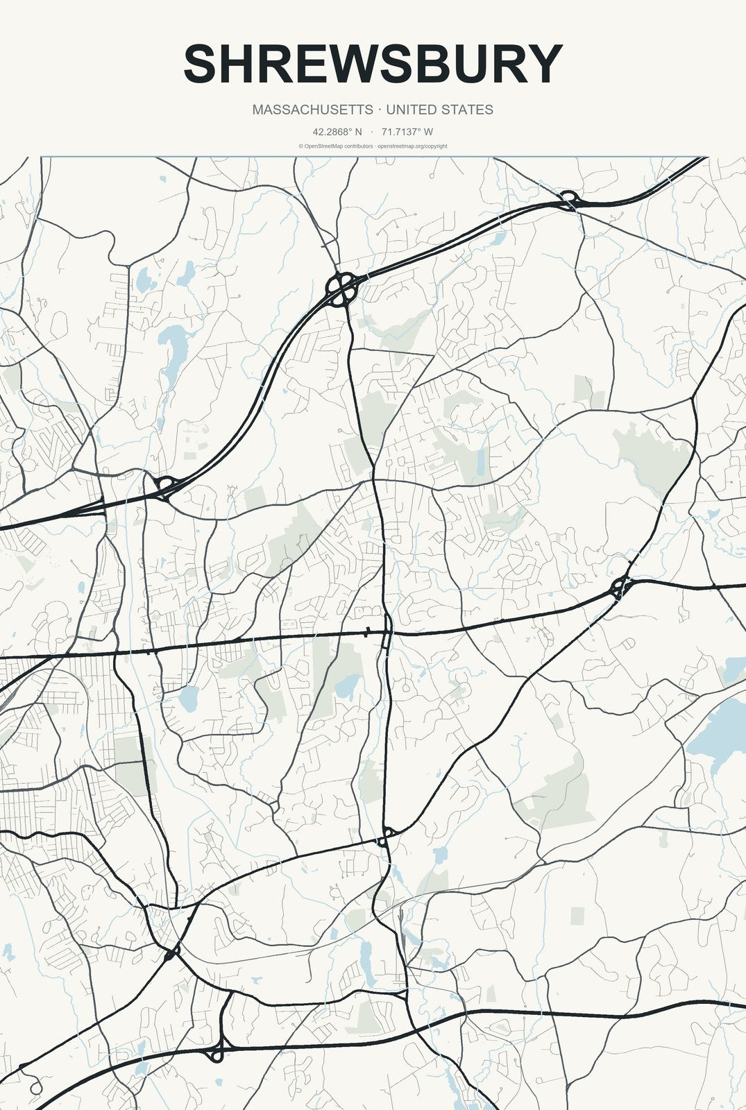 Shrewsbury, Massachusetts City Map Aluminum Sign in Headline Atlas style