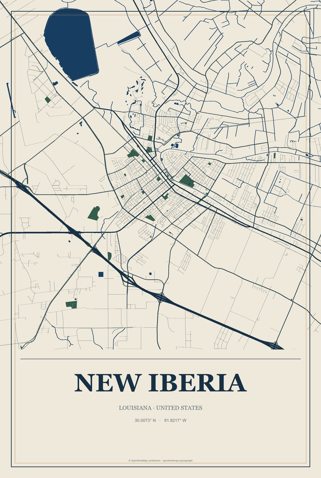 New Iberia, Louisiana City Map Aluminum Sign in Coastal Cutout style