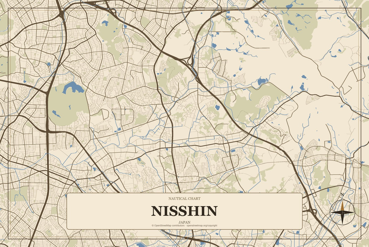 Nisshin, Japan City Map Aluminum Sign in Heritage Nautical style