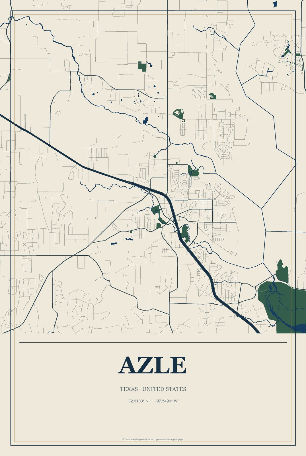 Azle, Texas City Map Aluminum Sign in Coastal Cutout style
