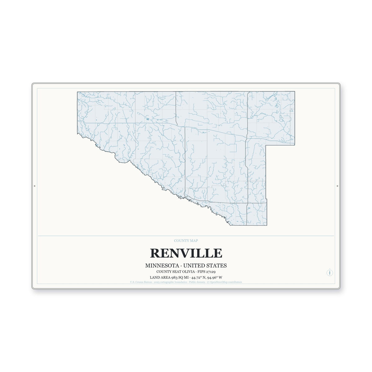 Renville County, Minnesota Map Aluminum Sign in Gallery Air style