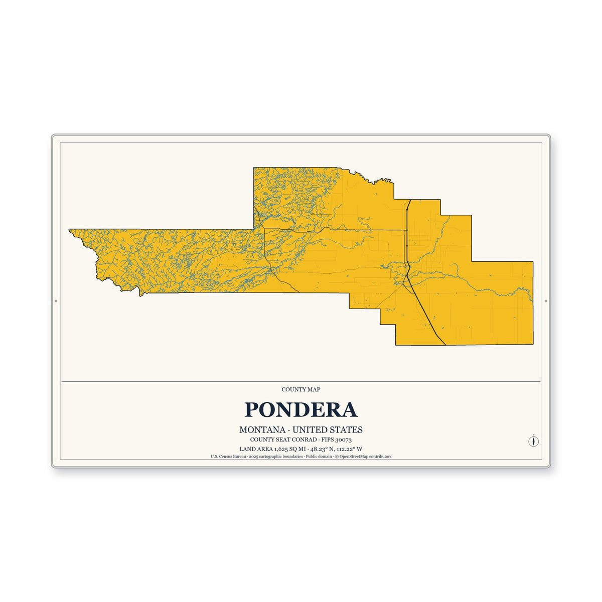 Pondera County, Montana Map Aluminum Sign in Citrine Modern style