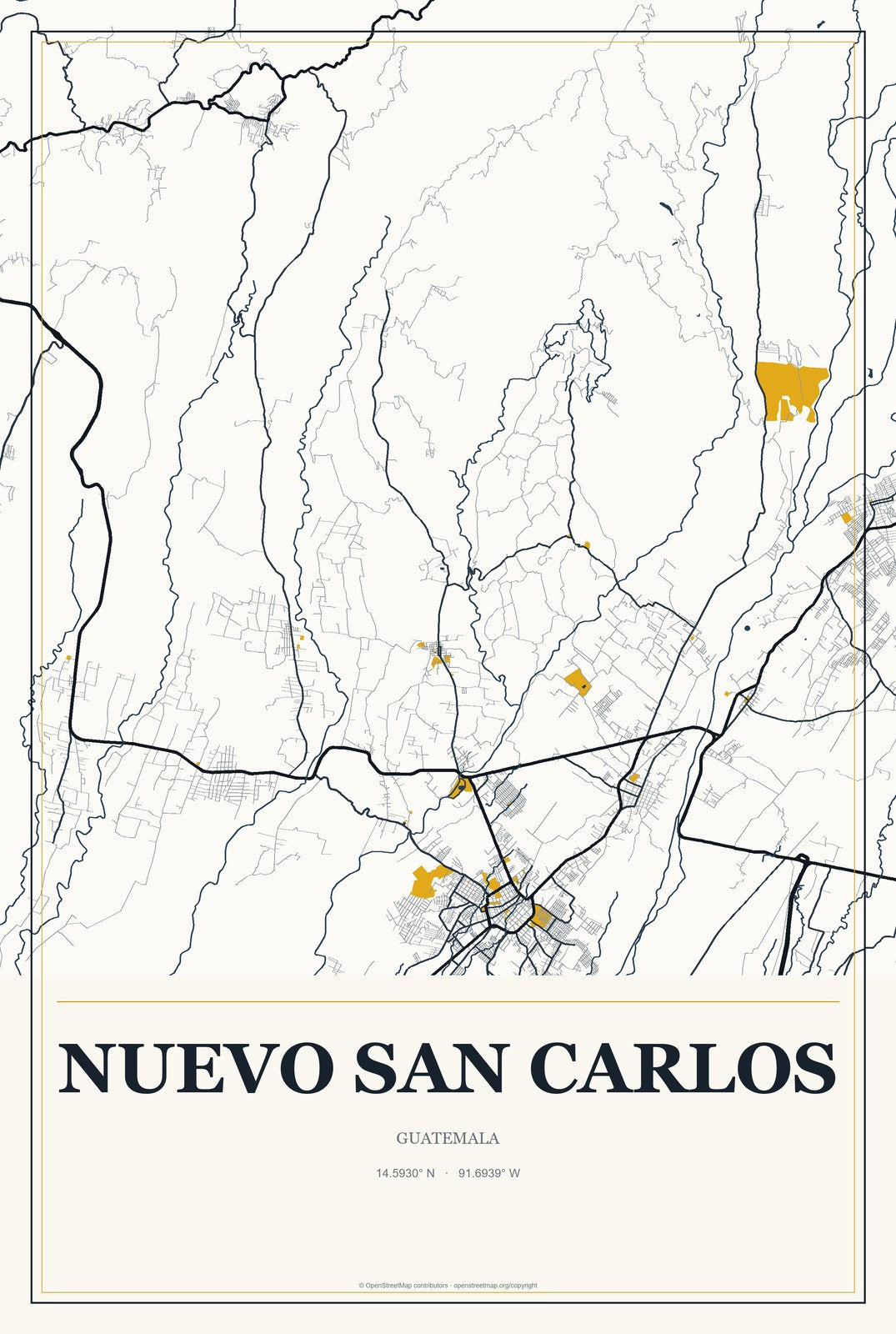 Nuevo San Carlos, Guatemala City Map Aluminum Sign in Citrine Modern style