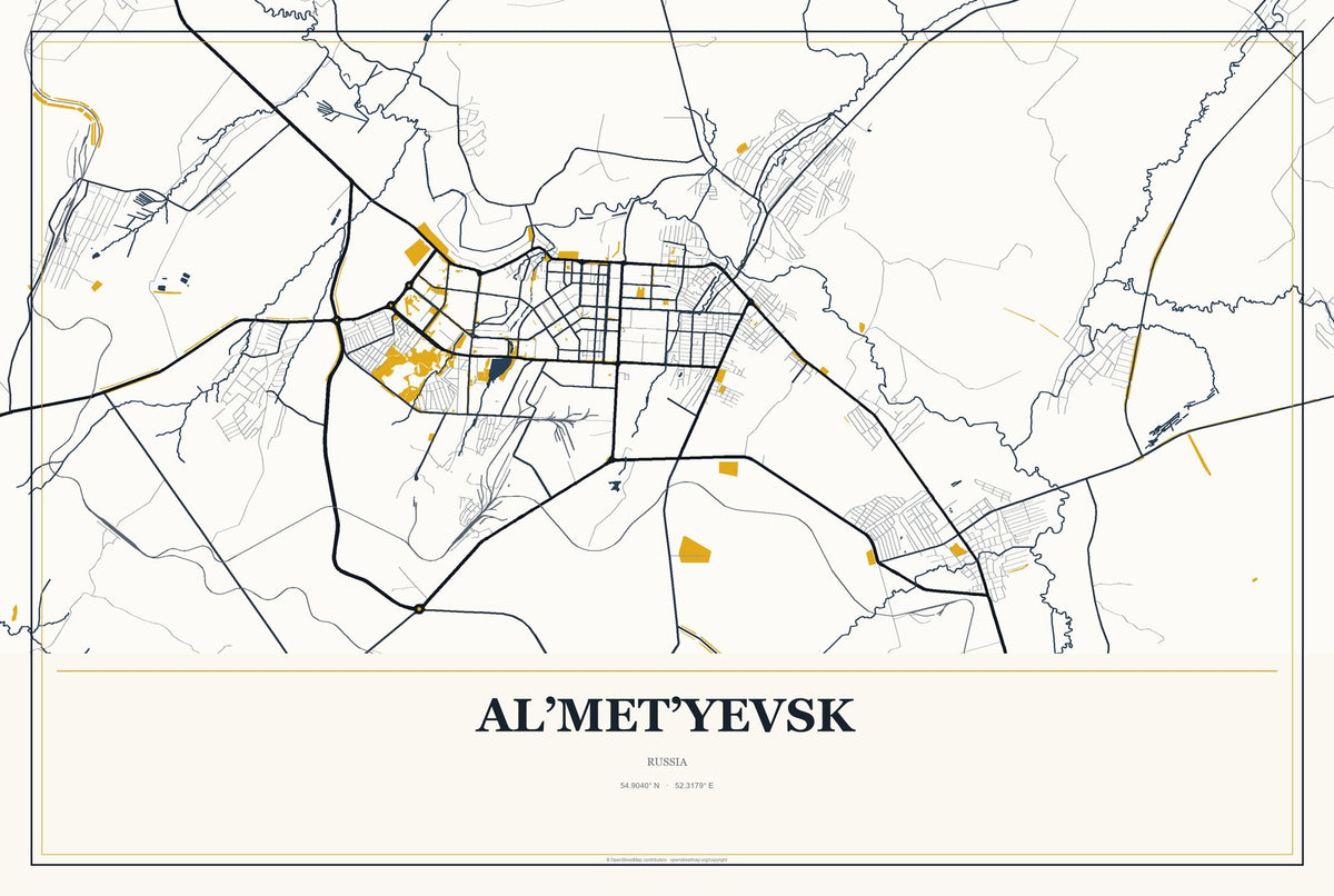 Al’met’yevsk, Russia City Map Aluminum Sign in Citrine Modern style