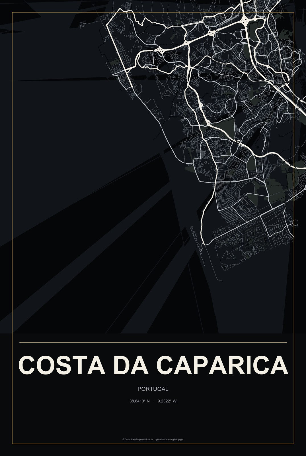Costa da Caparica, Portugal City Map Aluminum Sign in Metropolitan Noir style