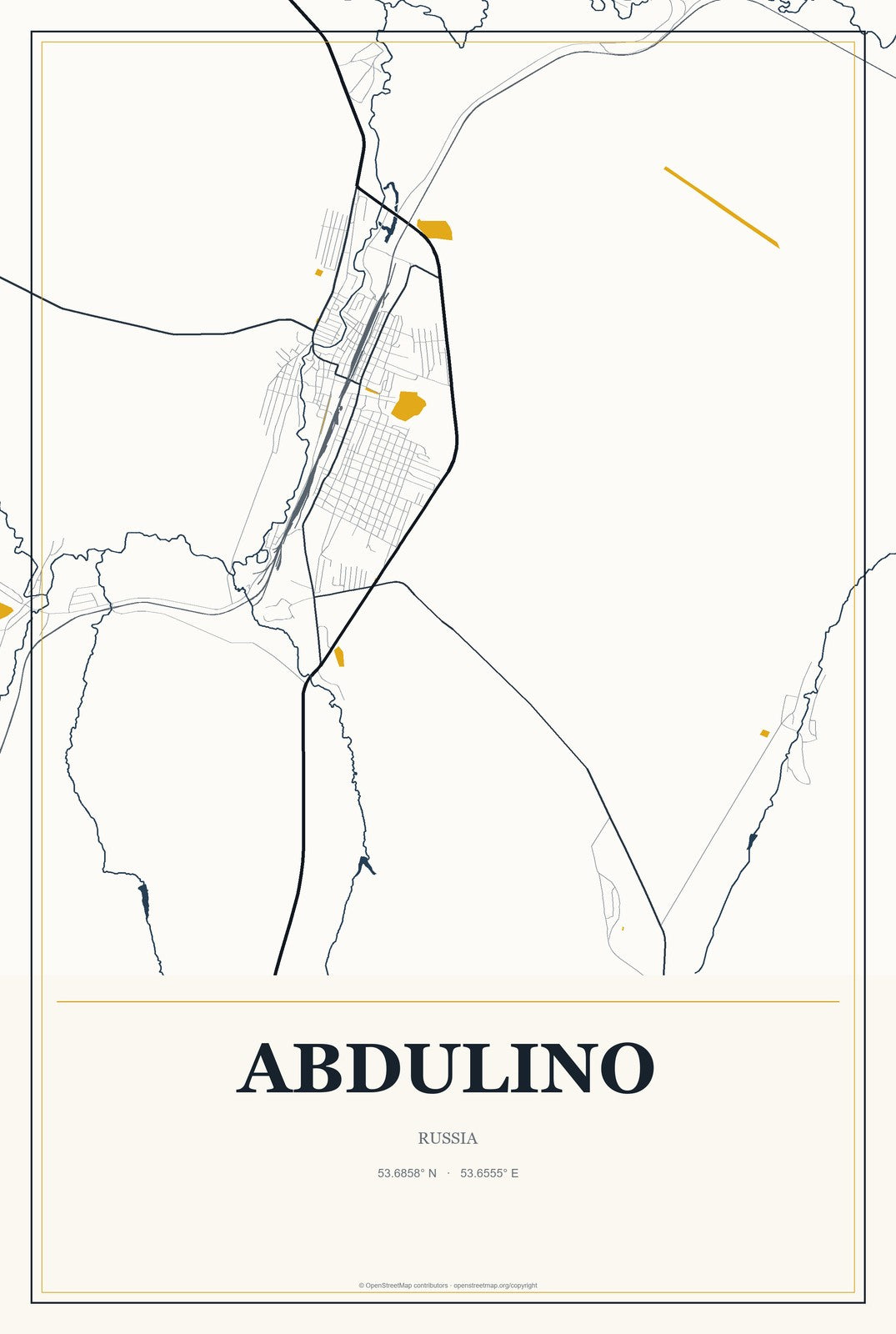Abdulino, Russia City Map Aluminum Sign in Citrine Modern style