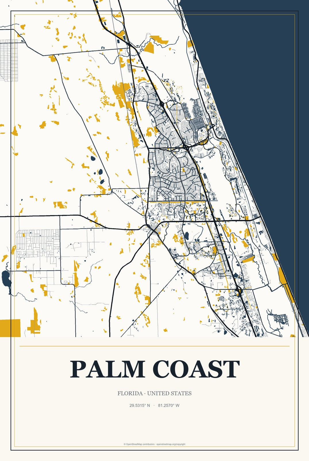 Palm Coast, Florida City Map Aluminum Sign in Citrine Modern style