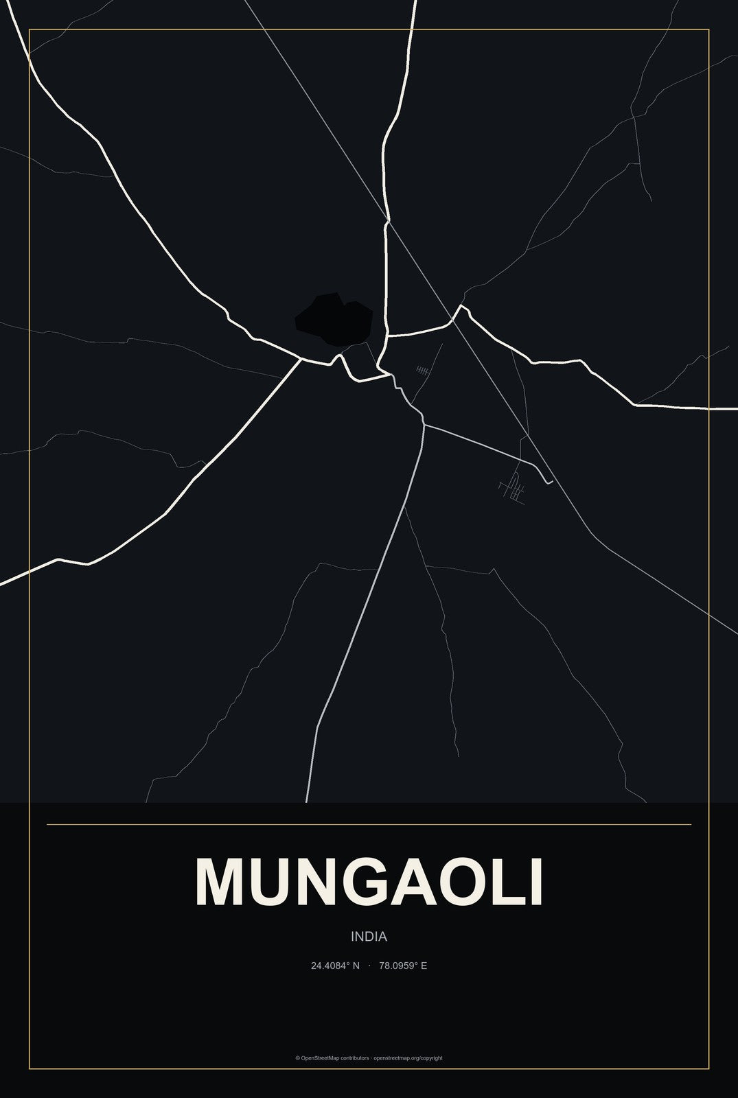 Mungaoli, India City Map Aluminum Sign in Metropolitan Noir style