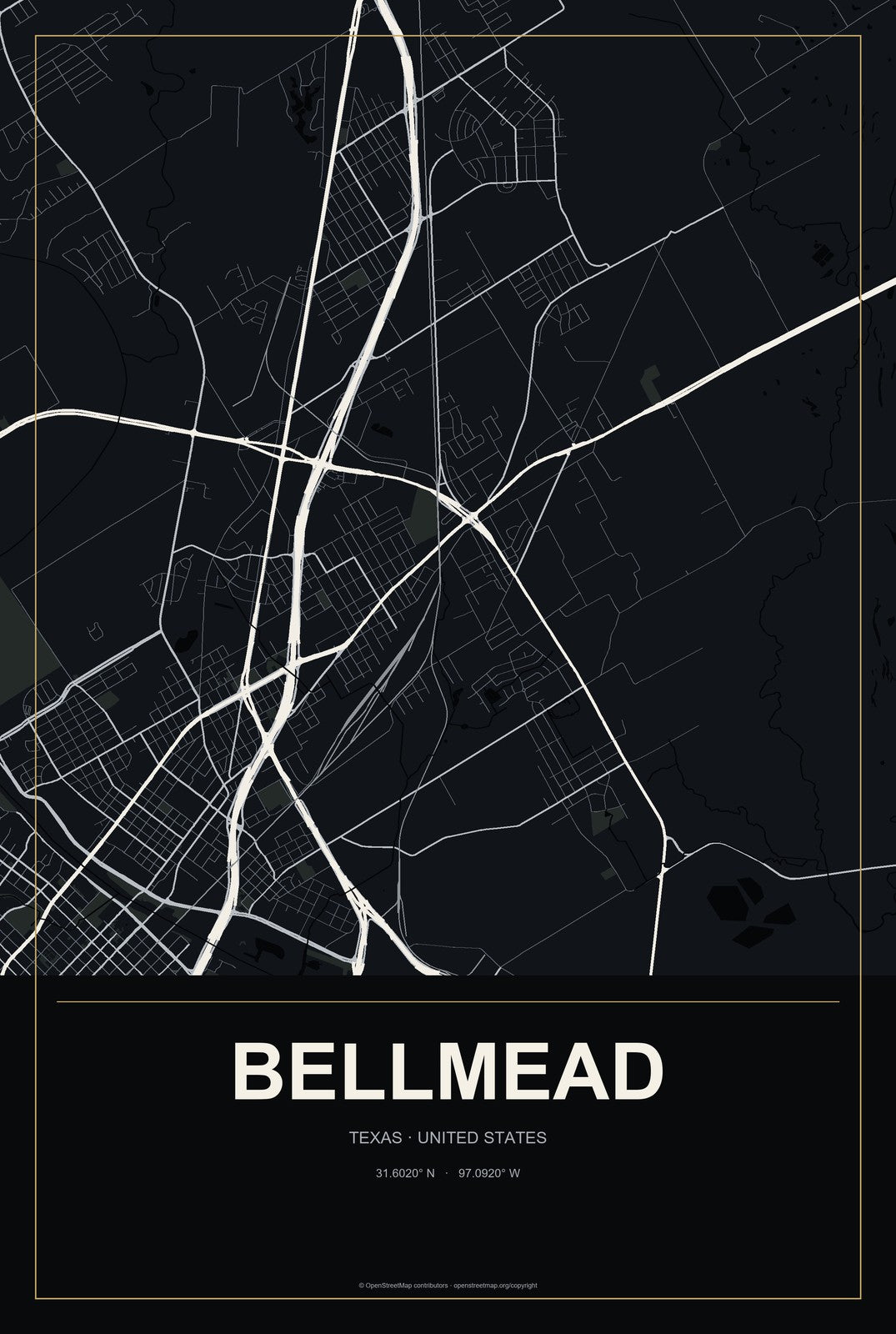Bellmead, Texas City Map Aluminum Sign in Metropolitan Noir style