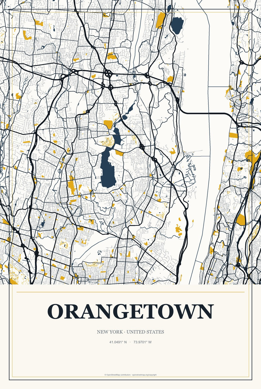 Orangetown, New York City Map Aluminum Sign in Citrine Modern style