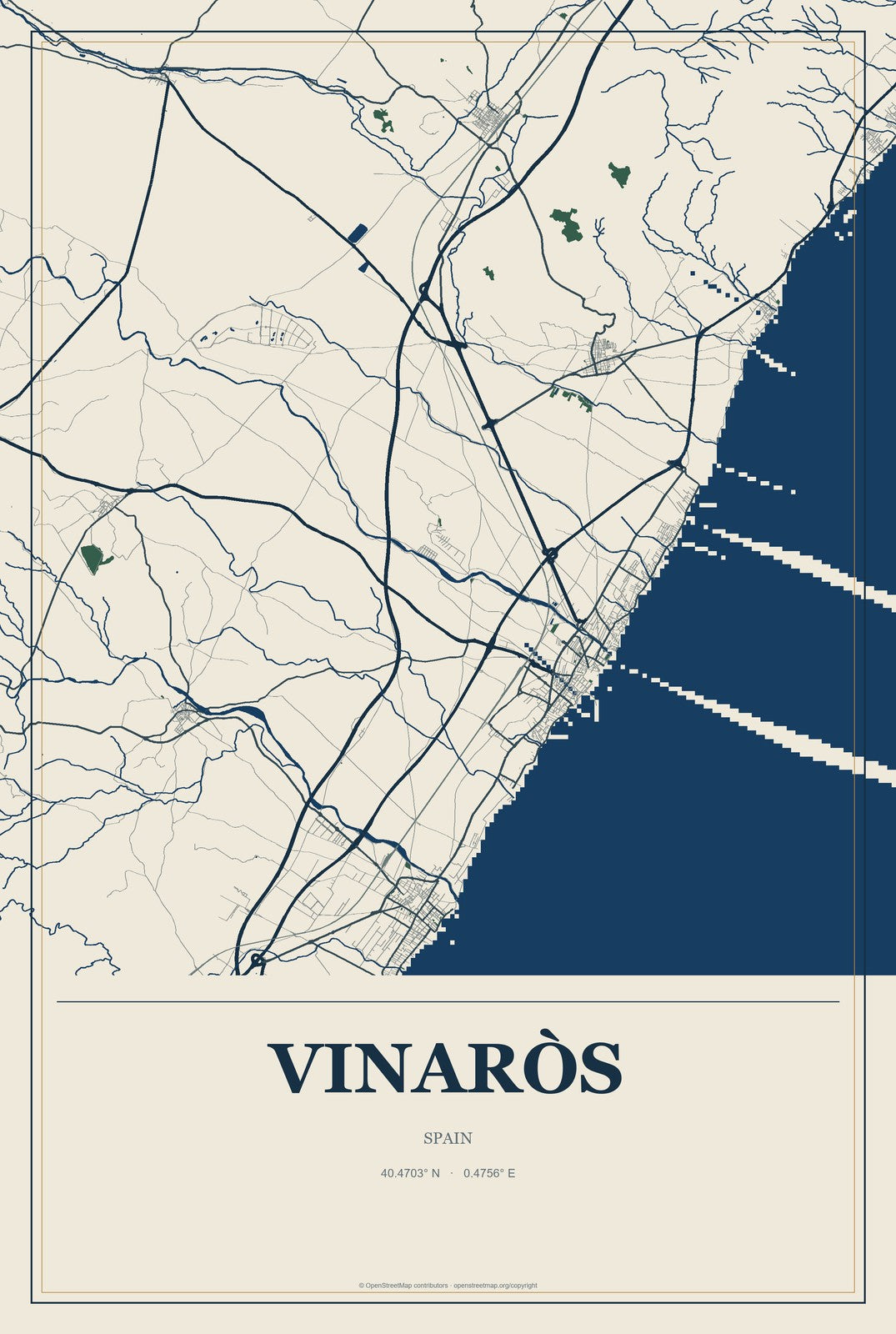 Vinaròs, Spain City Map Aluminum Sign in Coastal Cutout style