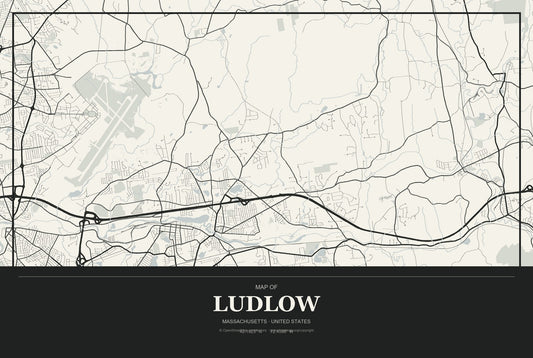 Ludlow, Massachusetts City Map Aluminum Sign in Museum Plaque style