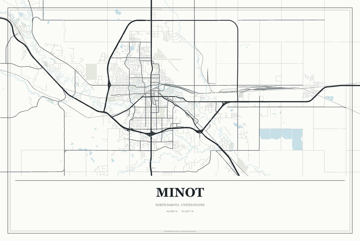 Minot, North Dakota City Map Aluminum Sign in Gallery Air style