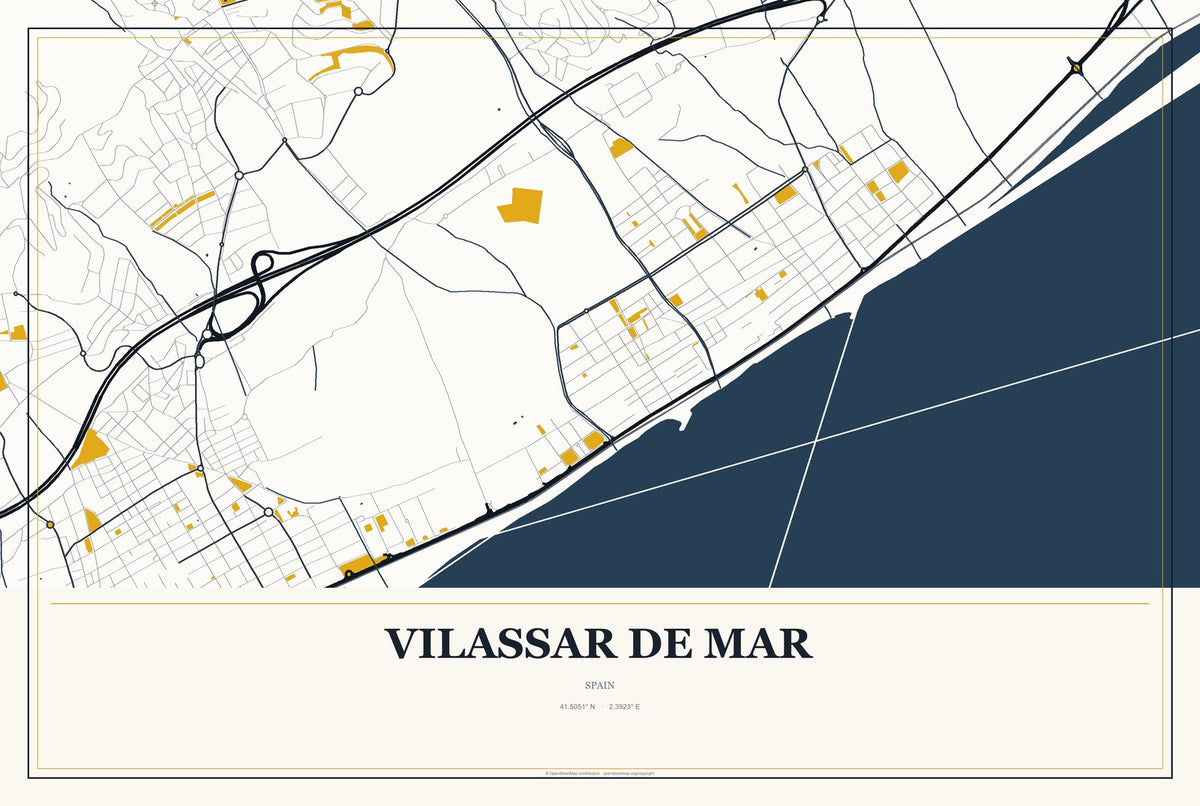 Vilassar de Mar, Spain City Map Aluminum Sign in Citrine Modern style