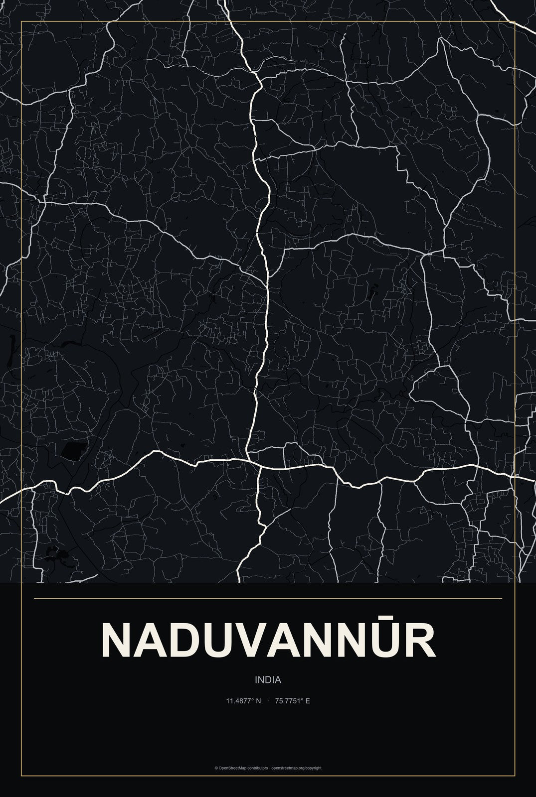 Naduvannūr, India City Map Aluminum Sign in Metropolitan Noir style