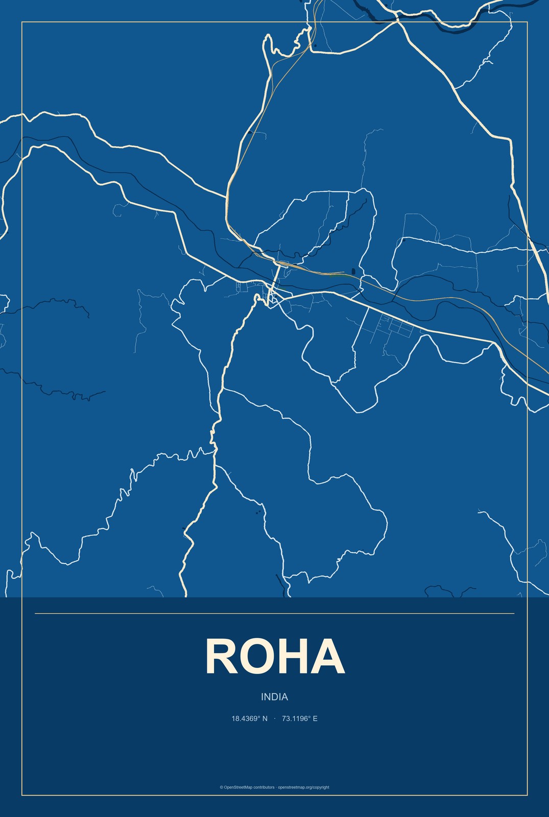 Roha, India City Map Aluminum Sign in Harbor Cobalt style