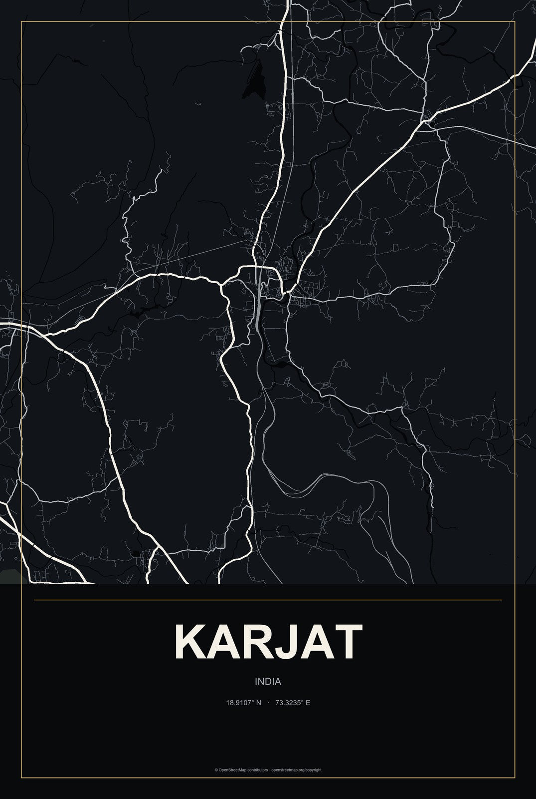 Karjat, India City Map Aluminum Sign in Metropolitan Noir style