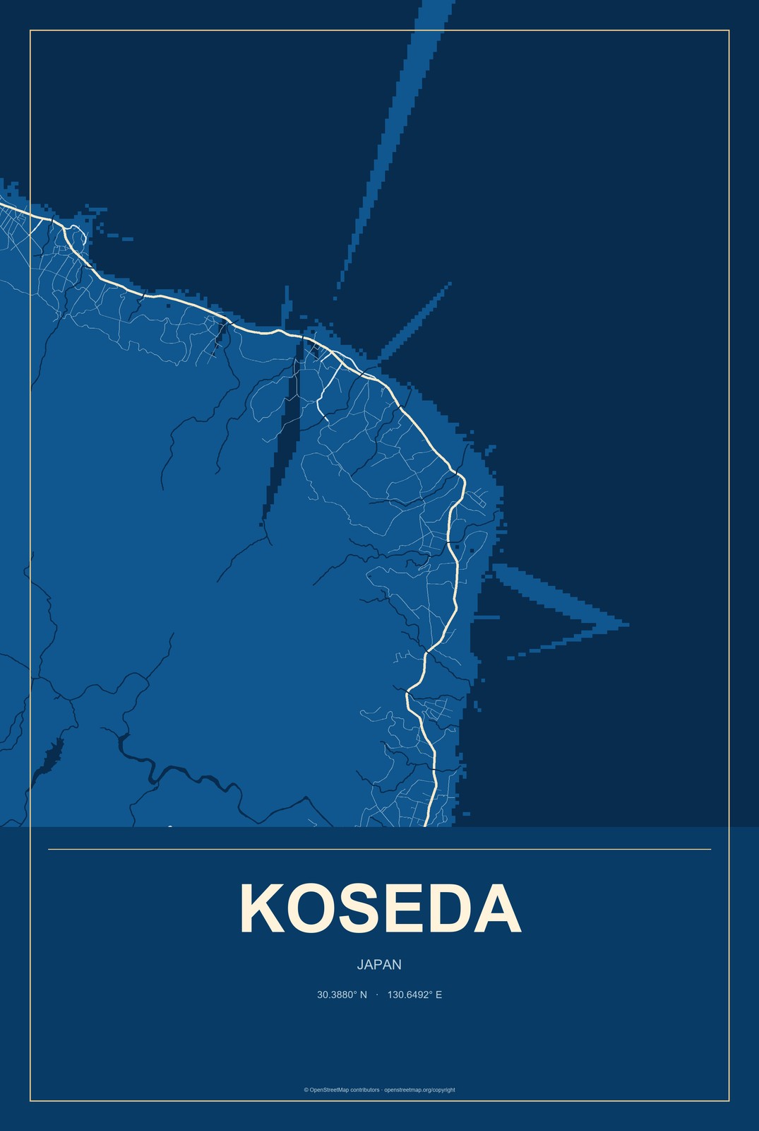 Koseda, Japan City Map Aluminum Sign in Harbor Cobalt style