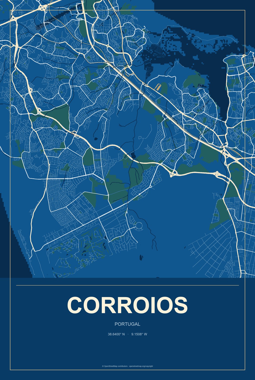Corroios, Portugal City Map Aluminum Sign in Harbor Cobalt style