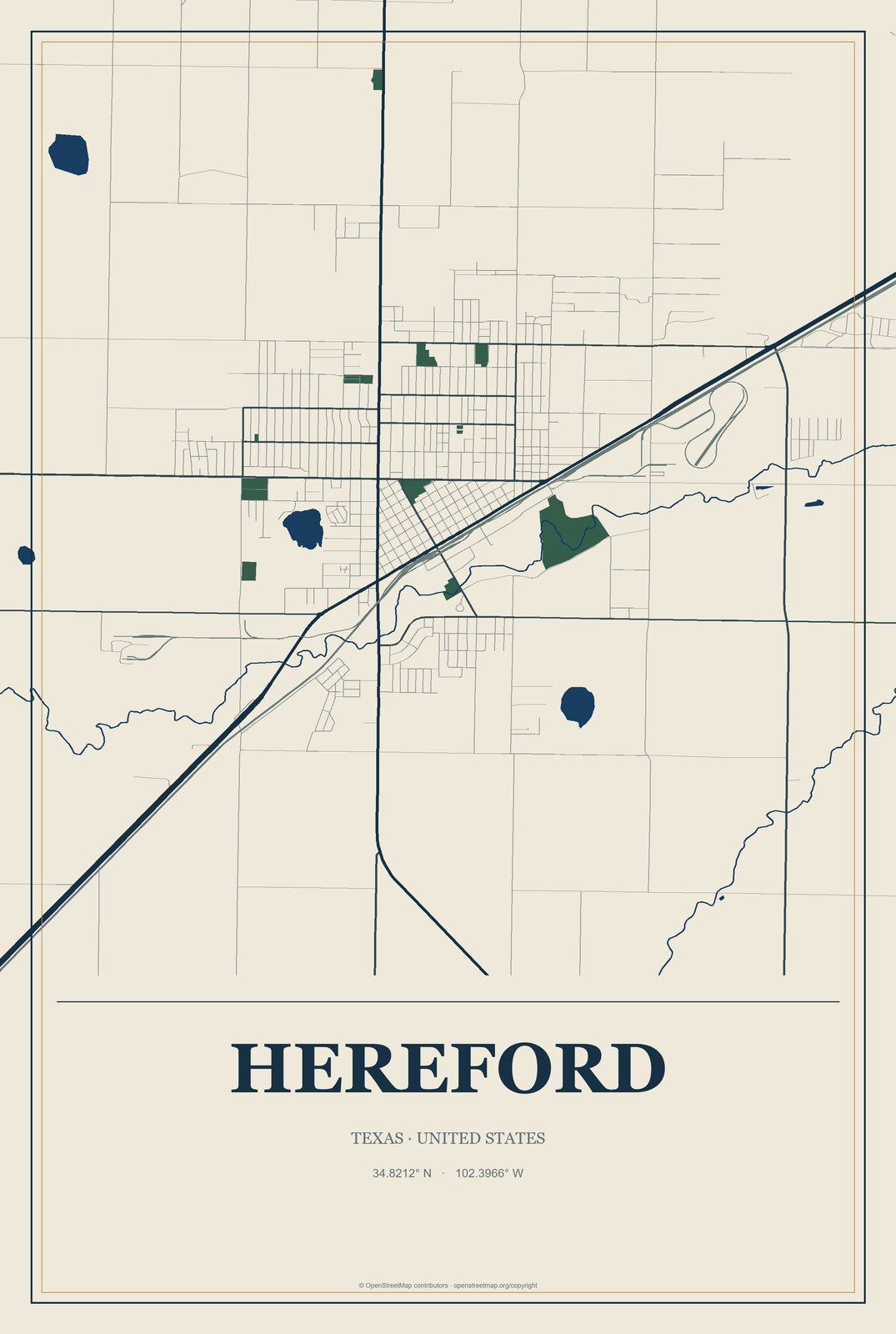 Hereford, Texas City Map Aluminum Sign in Coastal Cutout style