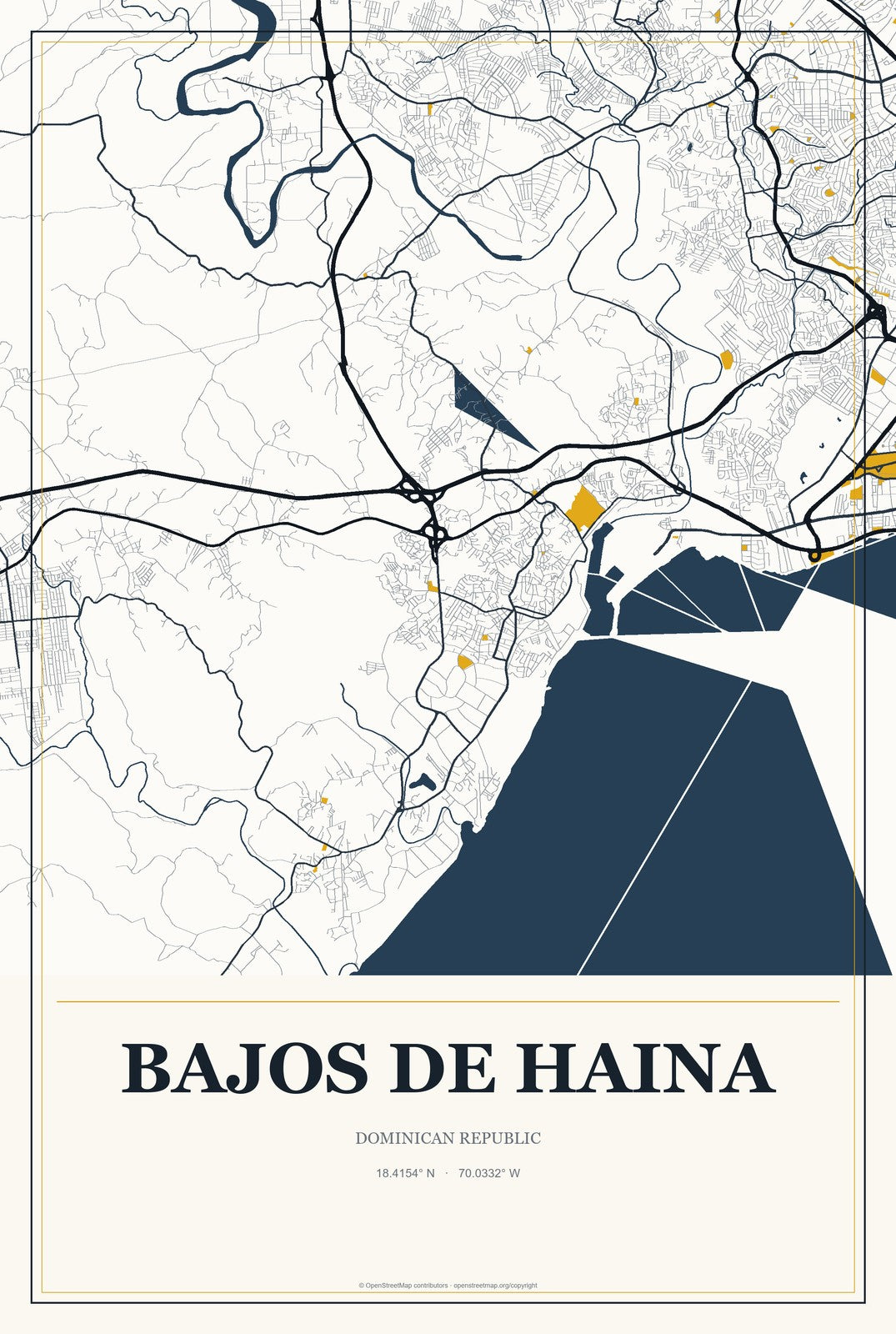 Bajos de Haina, Dominican Republic City Map Aluminum Sign in Citrine Modern style