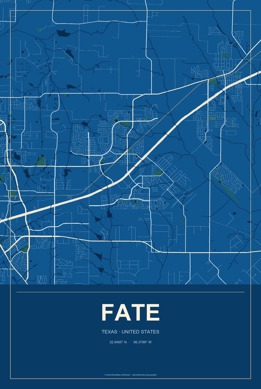 Fate, Texas City Map Aluminum Sign in Harbor Cobalt style