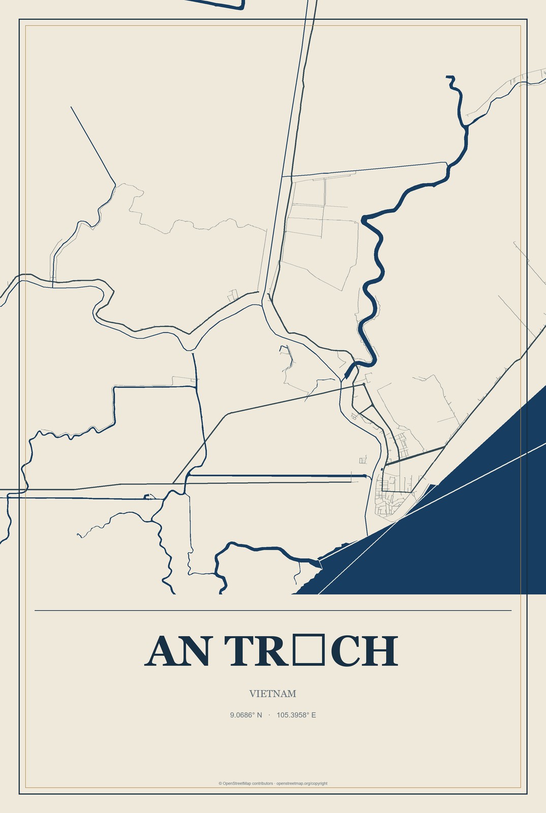 An Trạch, Vietnam City Map Aluminum Sign in Coastal Cutout style