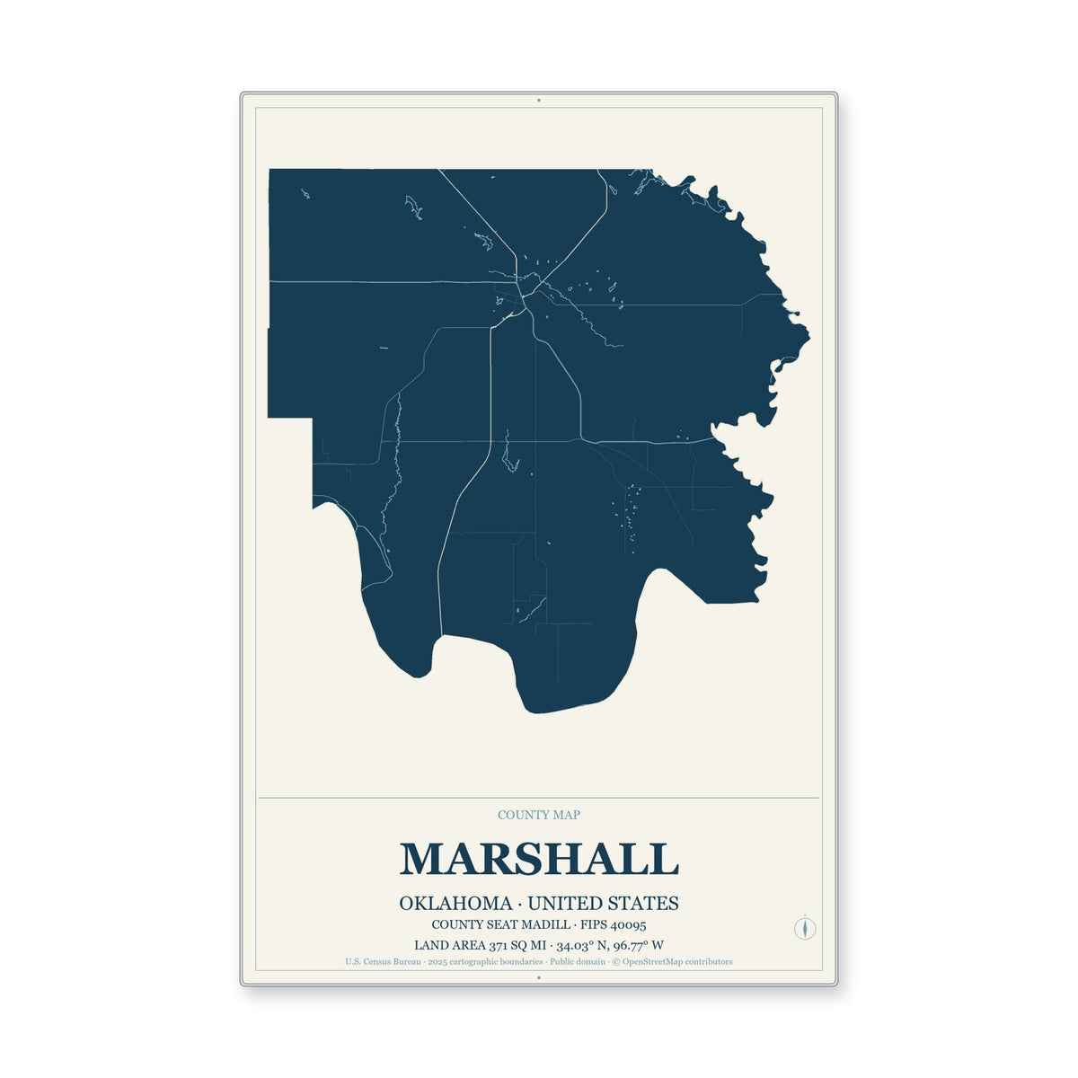 Marshall County, Oklahoma Map Aluminum Sign in Coastal Cutout style