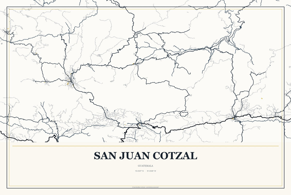 San Juan Cotzal, Guatemala City Map Aluminum Sign in Citrine Modern style