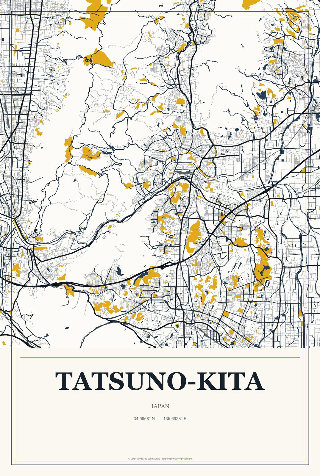 Tatsuno-kita, Japan City Map Aluminum Sign in Citrine Modern style