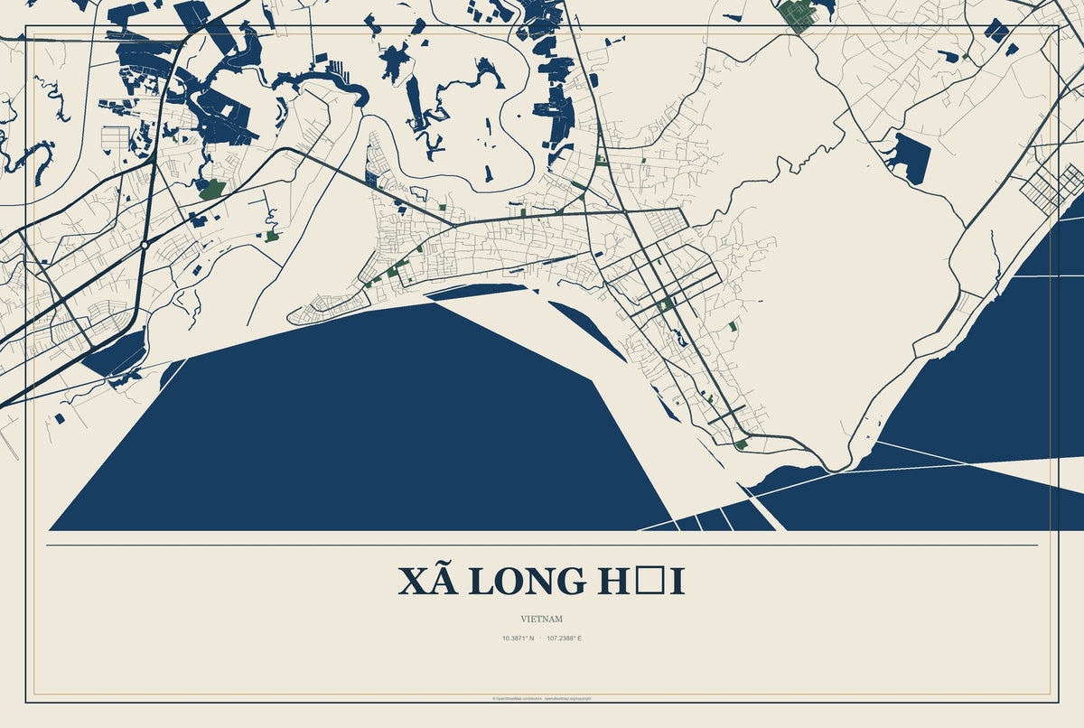 Xã Long Hải, Vietnam City Map Aluminum Sign in Coastal Cutout style