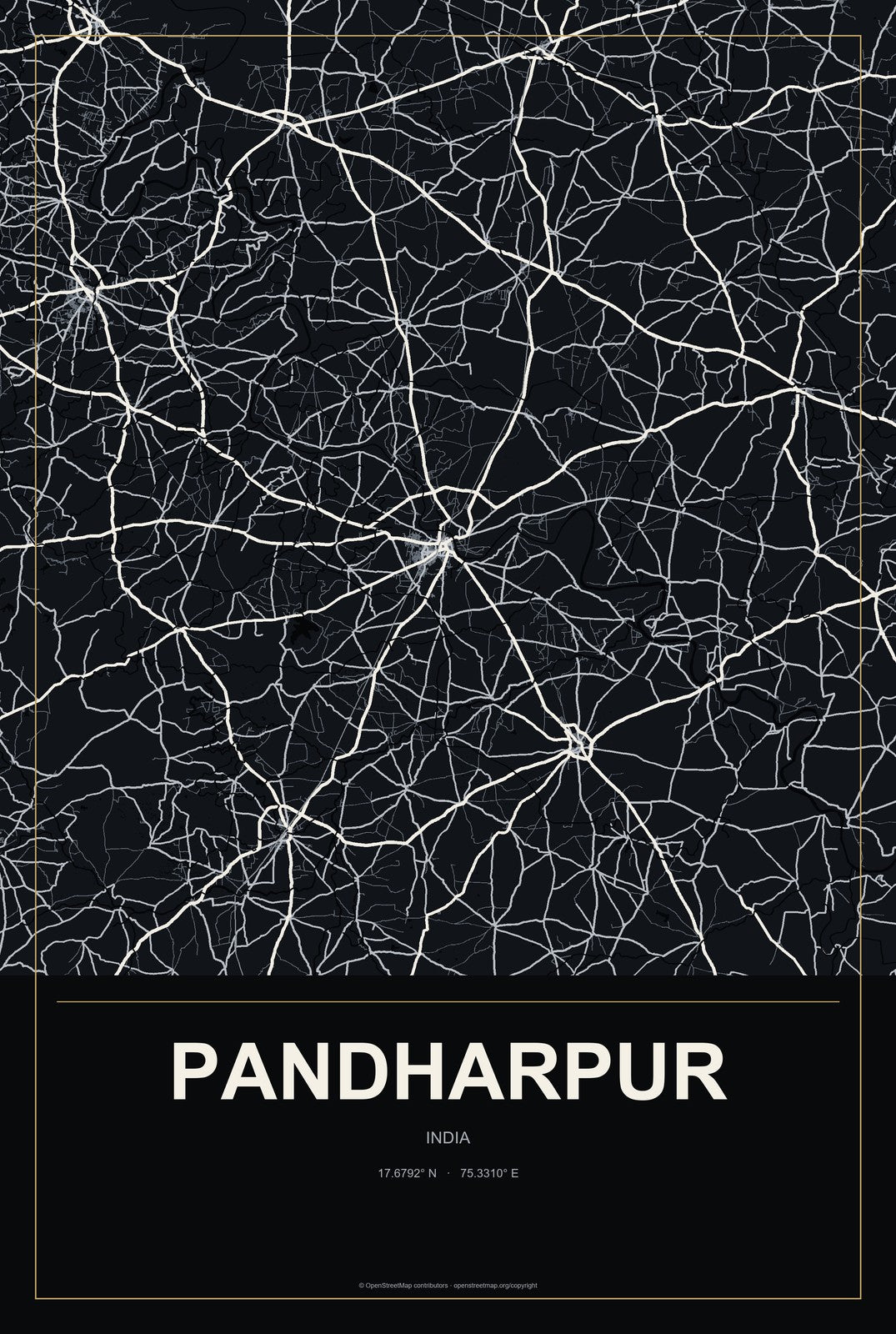 Pandharpur, India City Map Aluminum Sign in Metropolitan Noir style