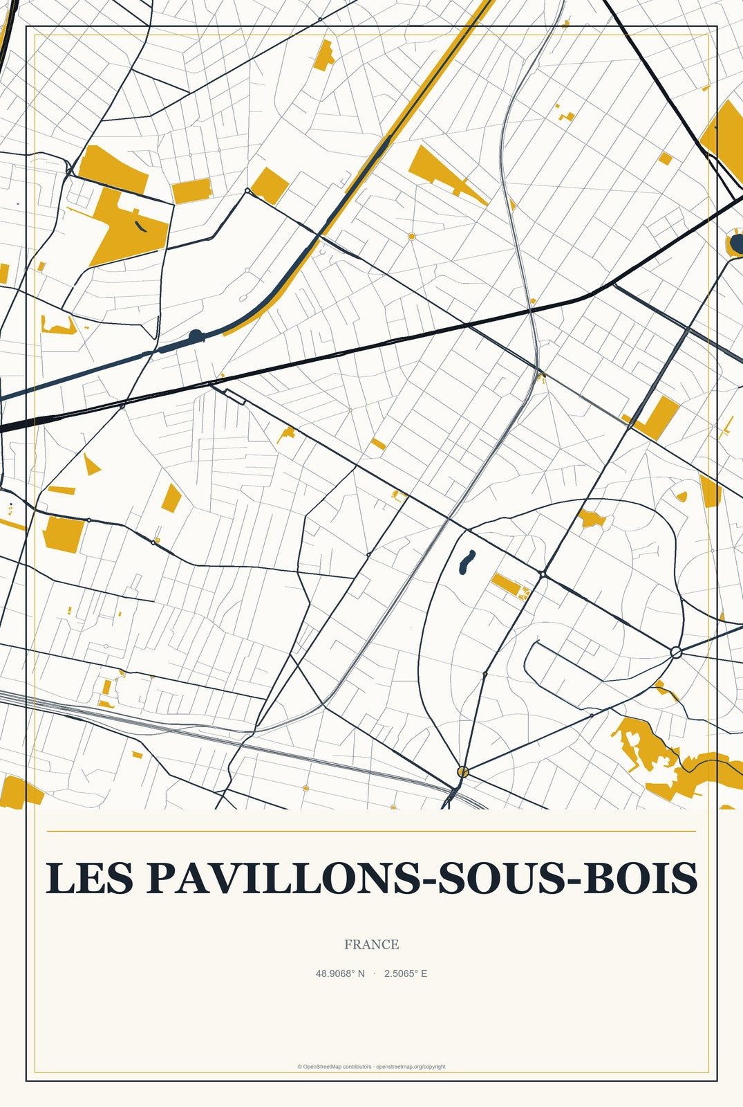 Les Pavillons-sous-Bois, France City Map Aluminum Sign in Citrine Modern style