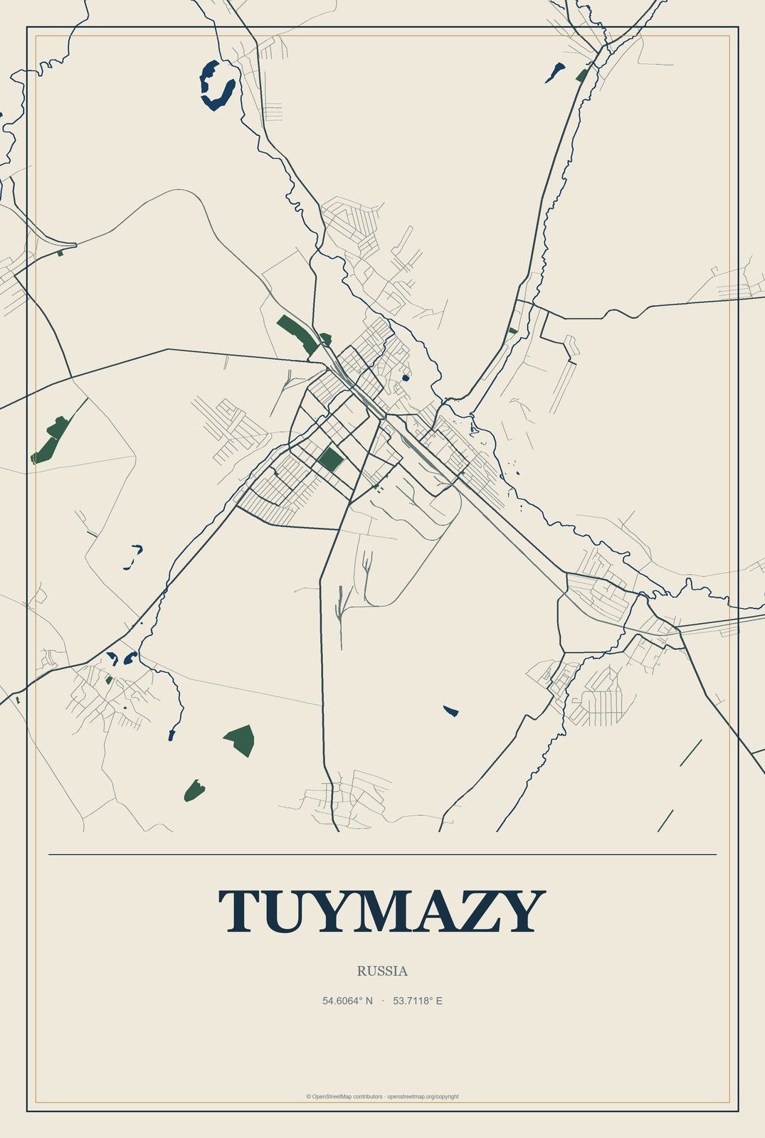 Tuymazy, Russia City Map Aluminum Sign in Coastal Cutout style