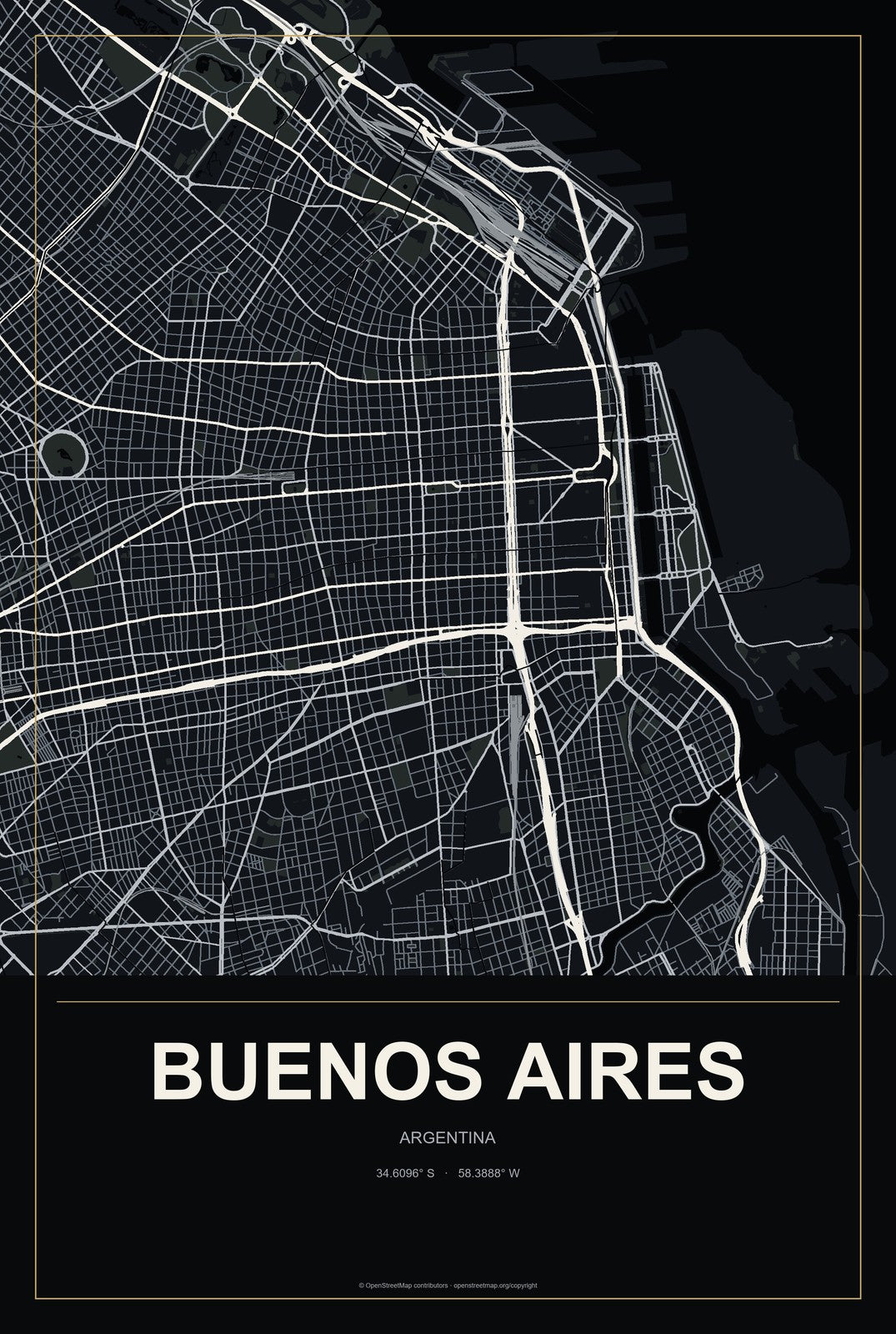 Buenos Aires, Argentina City Map Aluminum Sign in Metropolitan Noir style