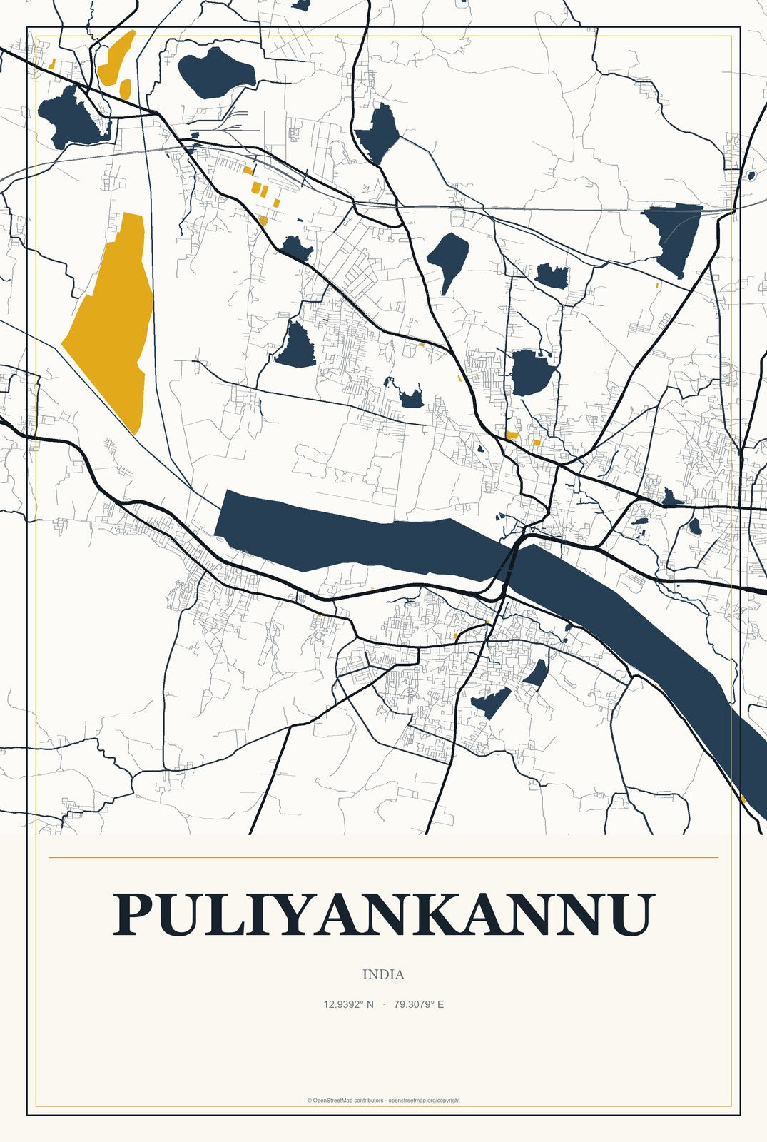 Puliyankannu, India City Map Aluminum Sign in Citrine Modern style